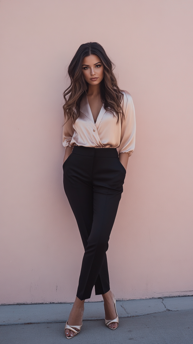 Элегантный женский вечерний лук: шелковая блуза и стильные брюки