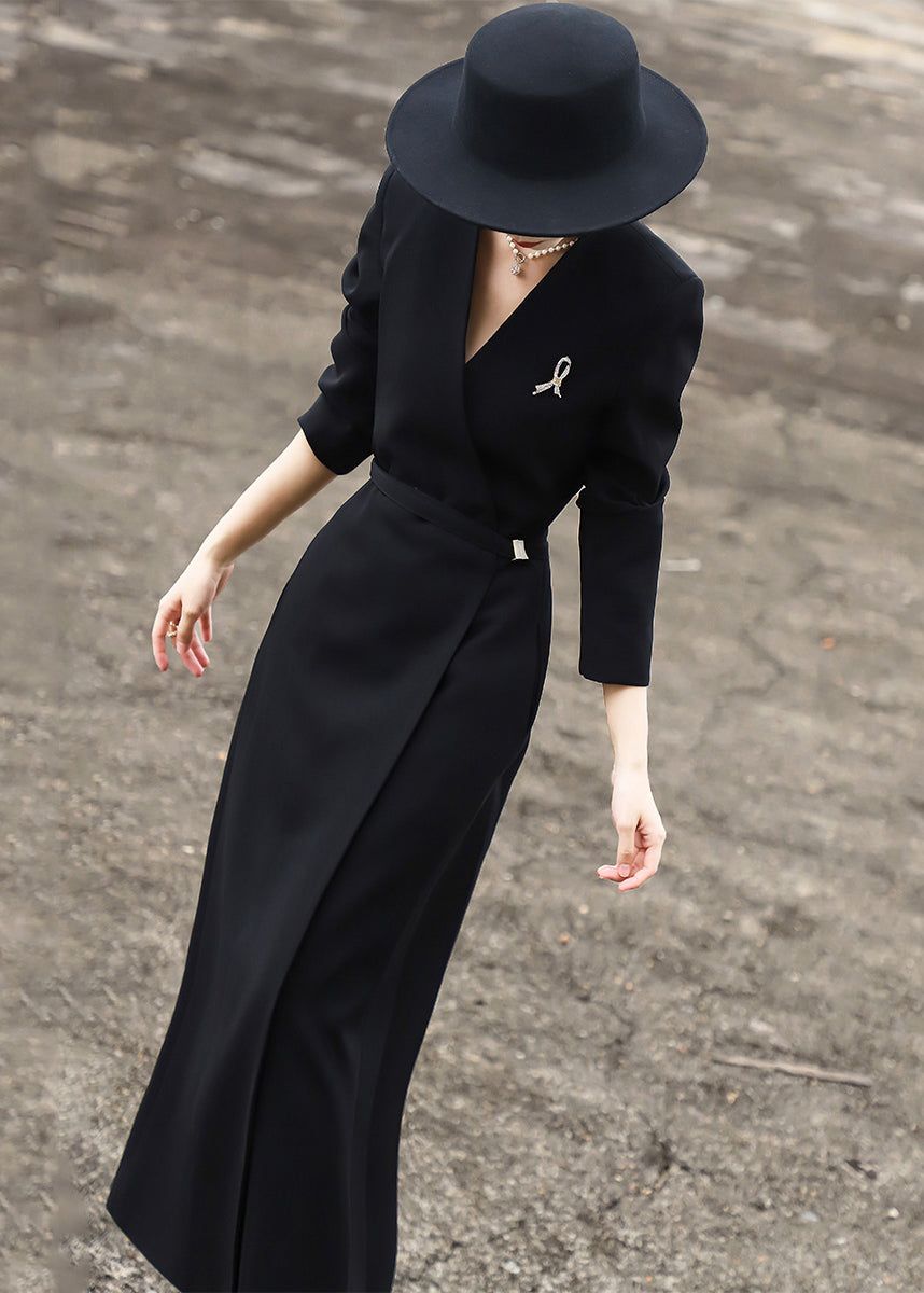 Simple Black V Neck Pockets Side Open Spandex Long Dress Fall – M(Fit for EU 40-42, US 8-10, UK/AU 12-14, IT 44-46