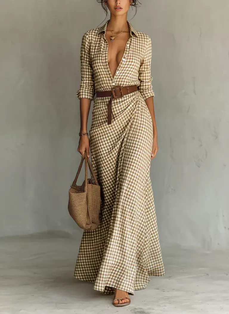 Women’s Plaid Shirt Collar Belt Maxi Dress