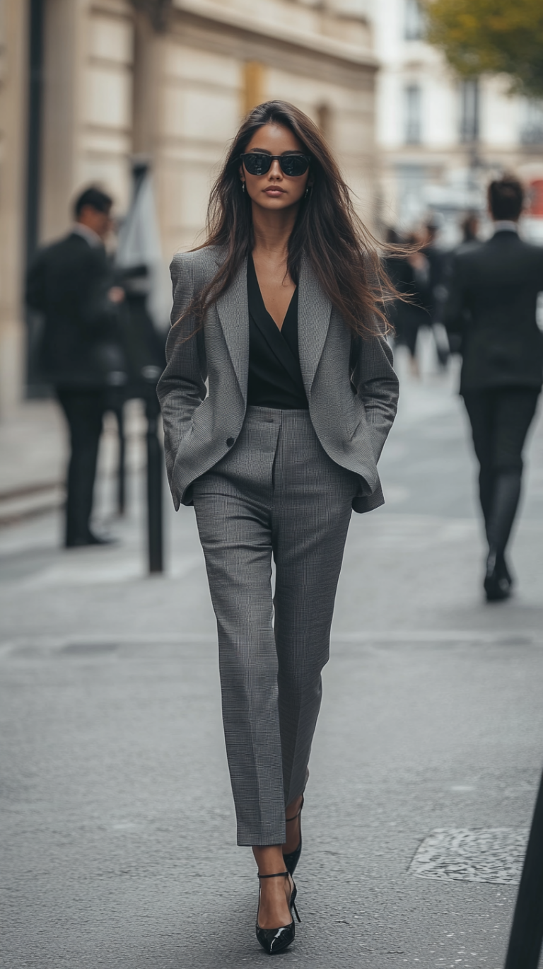 Модный образ на показе в Париже: стильный блейзер и платье