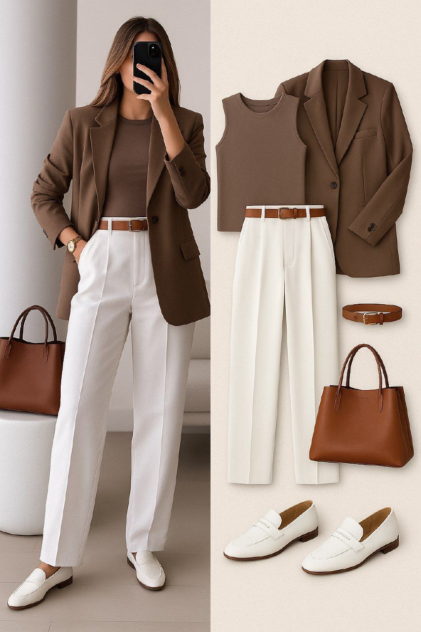 Элегантный офисный стиль: Коричневый пиджак, белые брюки и аксессуары
