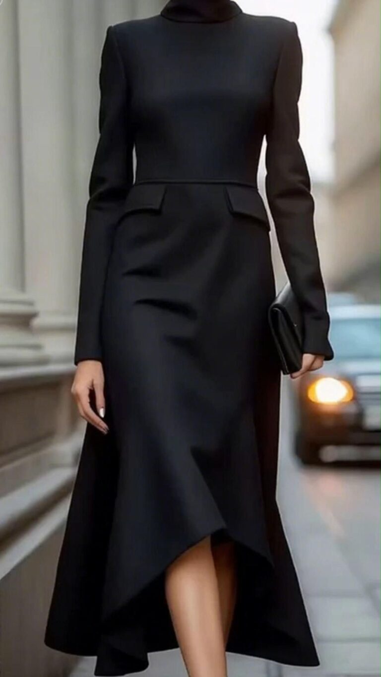 Women’s Formal High Neck Long Sleeve Asymmetrical Hem Midi Dress