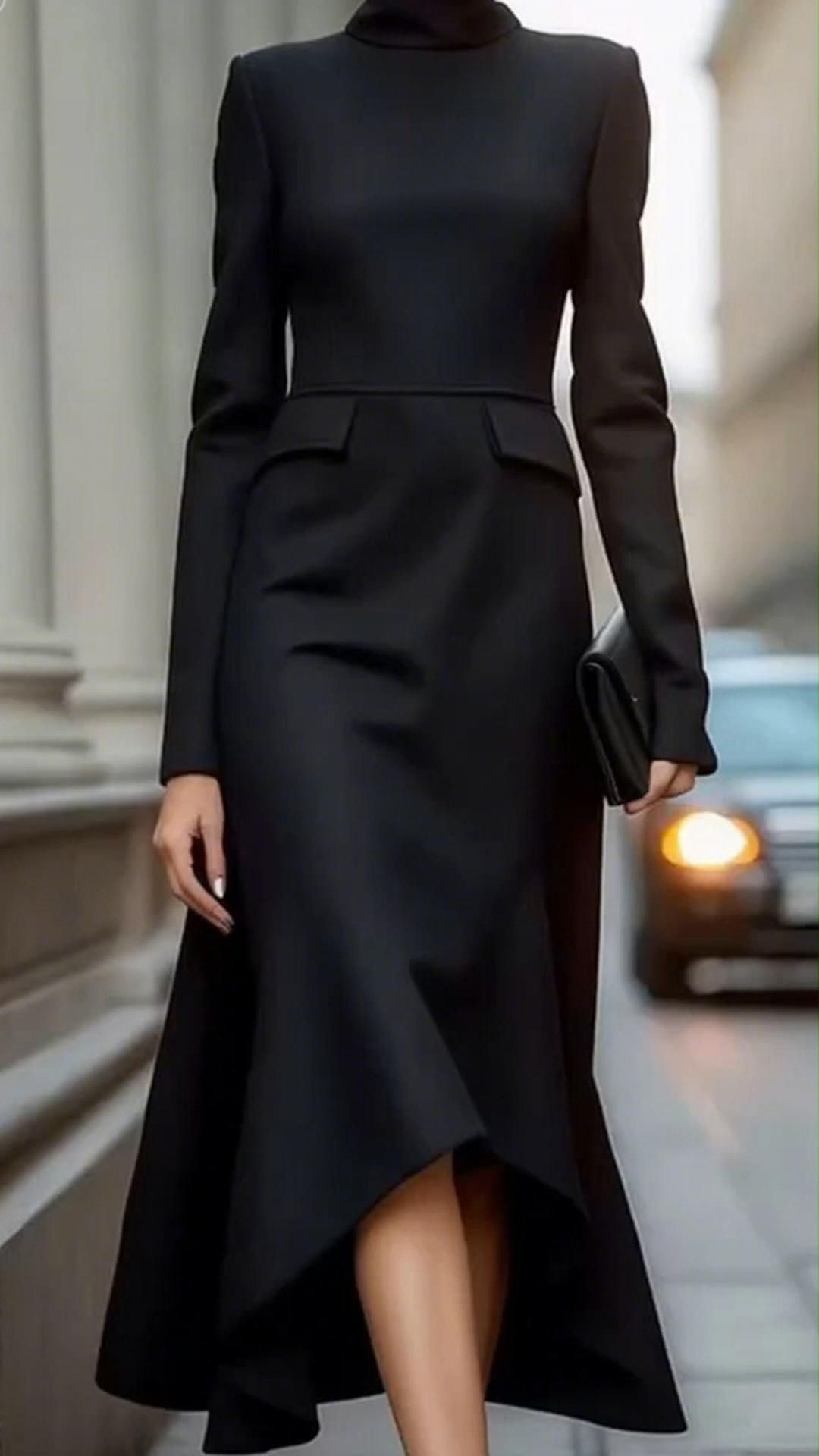 Women’s Formal High Neck Long Sleeve Asymmetrical Hem Midi Dress