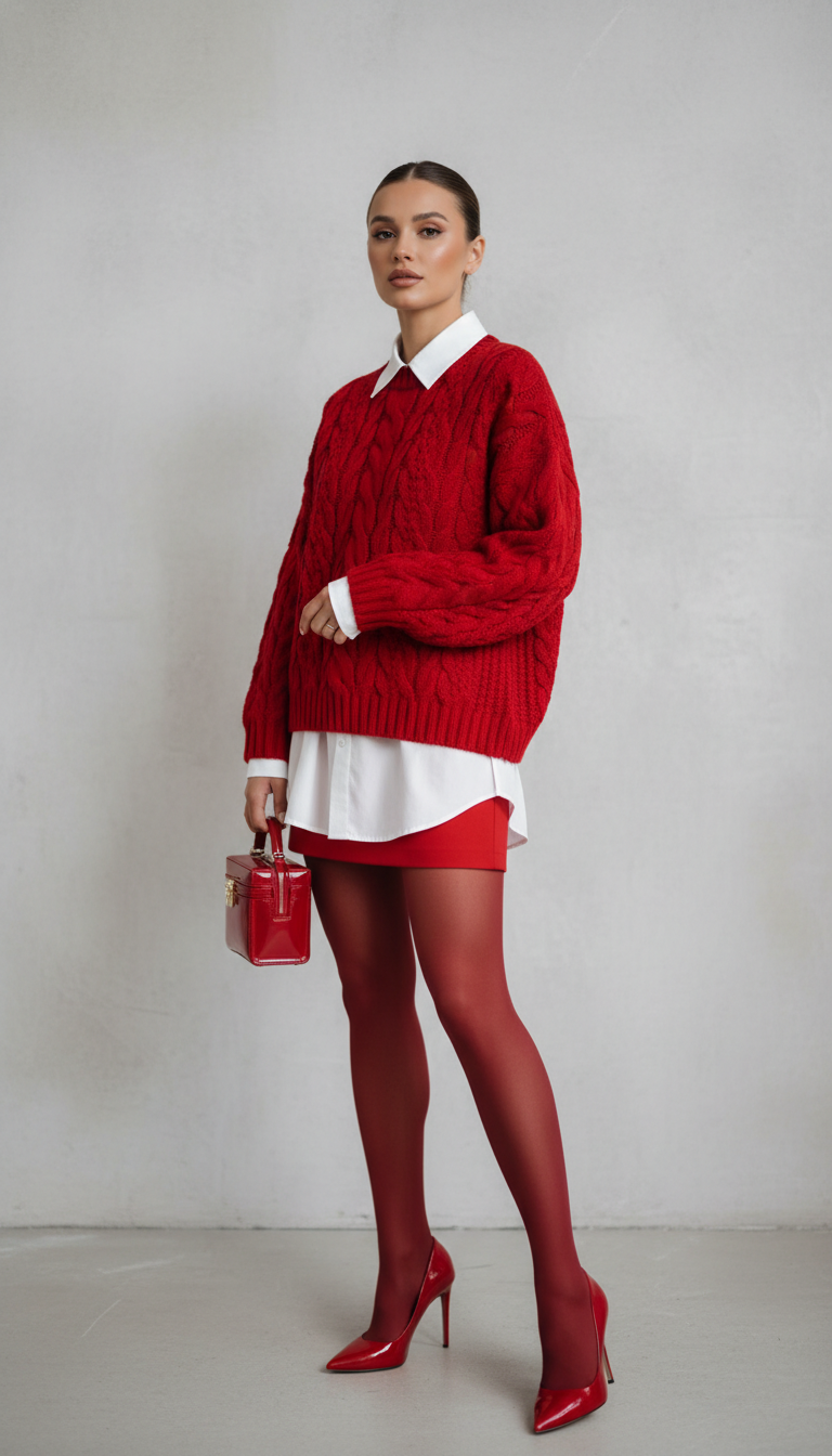 Модный образ в красно-белых оттенках с акцентом на свитер