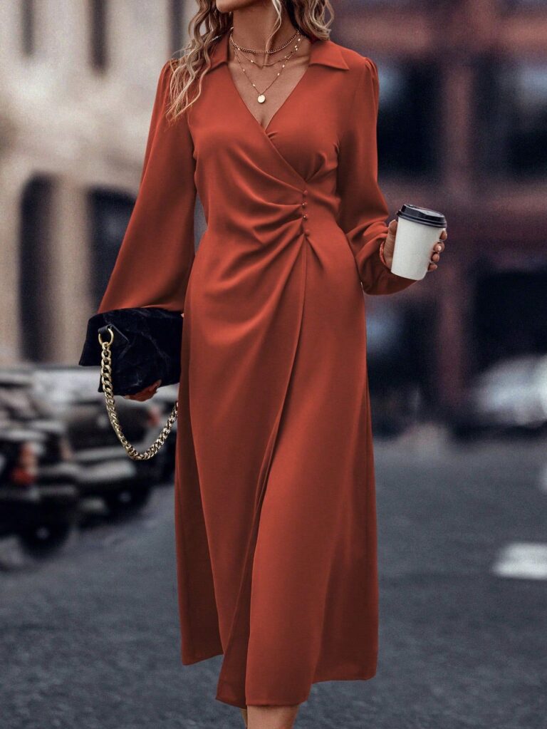 Lantern Sleeve Ruched Front Wrap Dress