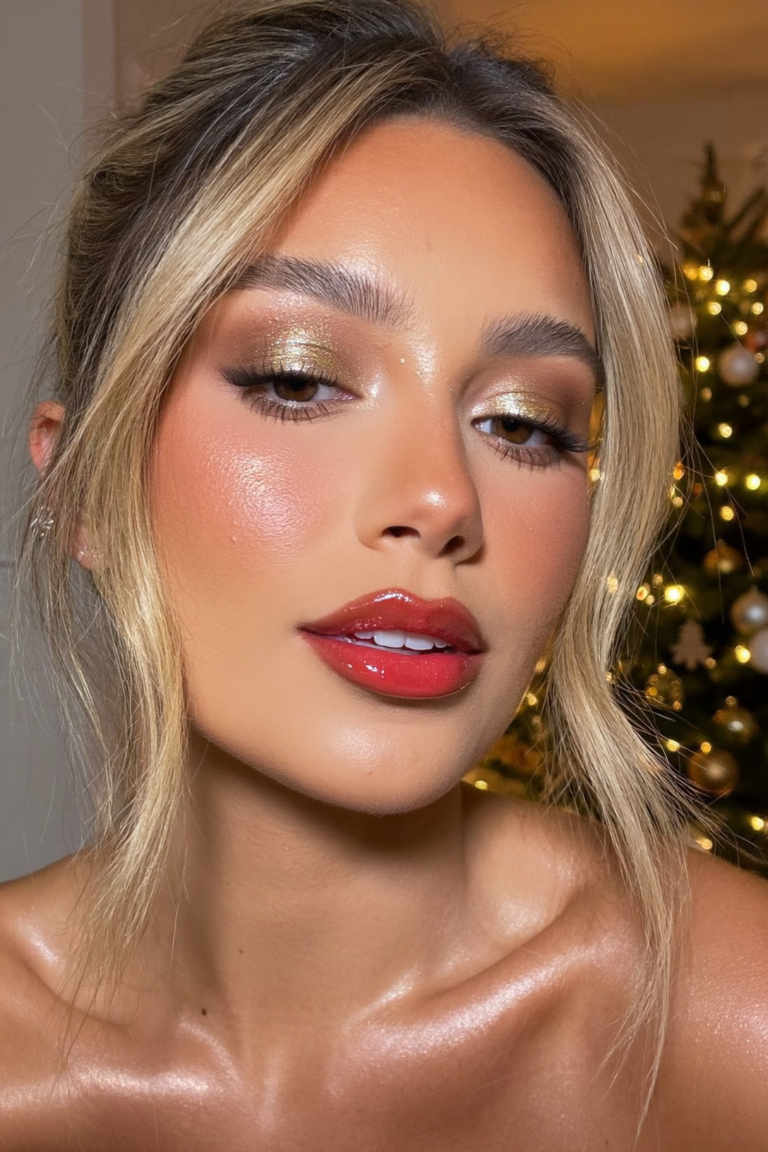 Radiant Gold & Red Christmas Makeup Look for Holiday Parties